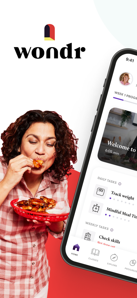 Smartphone showing Wondr Health app interface with mindful meal timer tasks next to a woman enjoying a meal