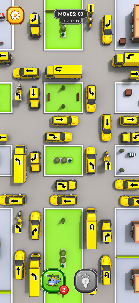 Vista cenital de un nivel de puzzle de atasco en 2D con coches y camiones amarillos en una cuadrícula