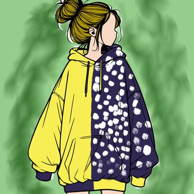 realistic girl with a oversized sweatshirt on and a bun
