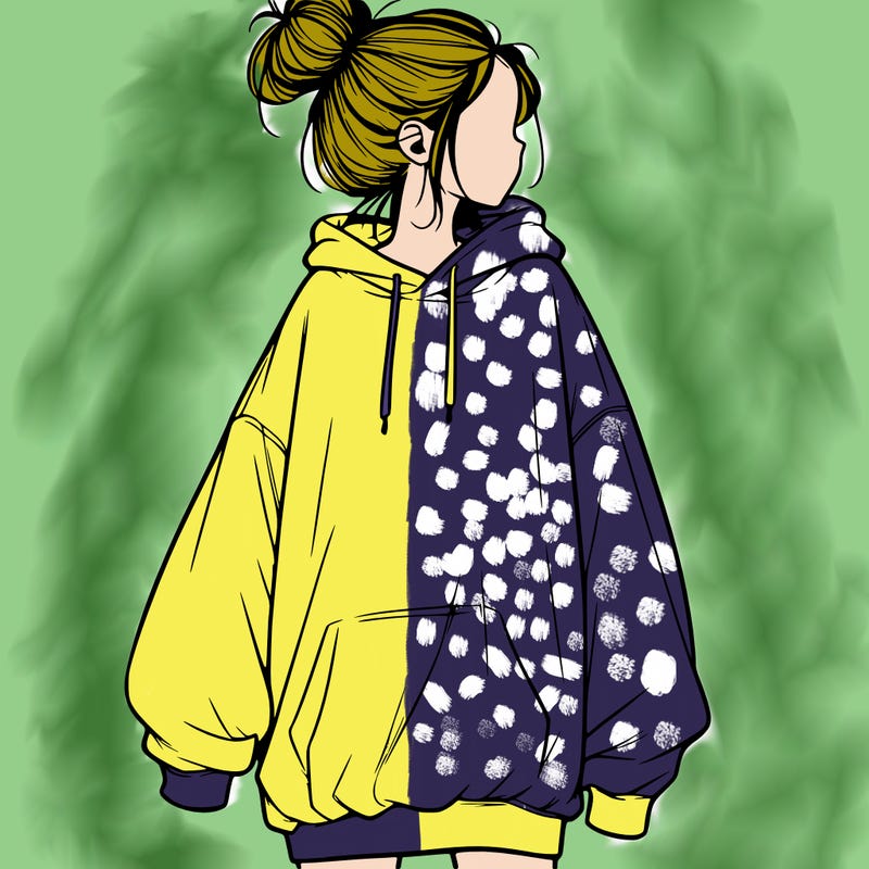 realistic girl with a oversized sweatshirt on and a bun
