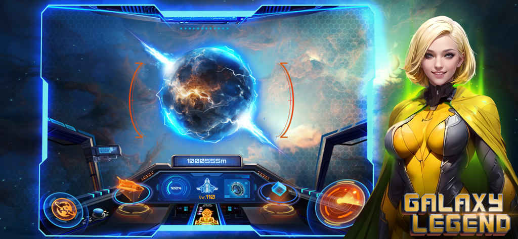Galaxy Legend - Futuristic spaceship cockpit showing a planet and a female commander