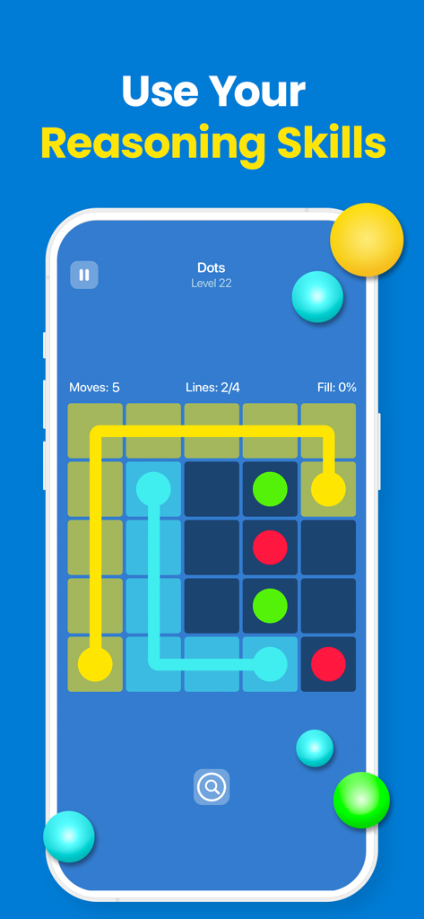 Brain AI: Mind Training Games - Brain AI app screenshot showing a dots logic puzzle to improve reasoning skills.