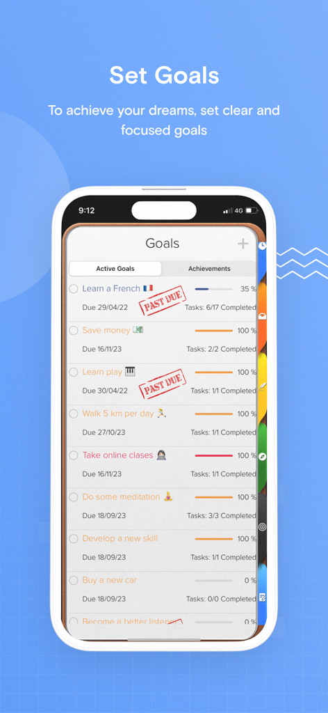Opus One: Digital Planner - Screenshot of the Opus One digital planner app showing a goal tracking list with progress bars on an iPhone.