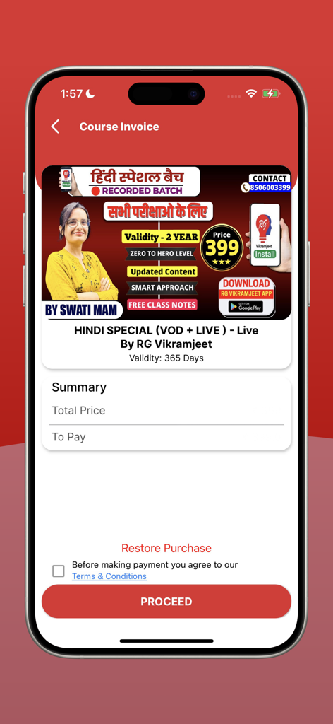 Checkout screen for the Hindi Special course on the RG Vikramjeet educational app