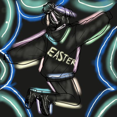 realistic girl jumping with a bun and oversized sweatshirt