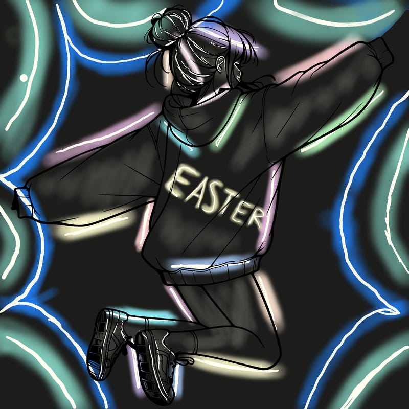 realistic girl jumping with a bun and oversized sweatshirt