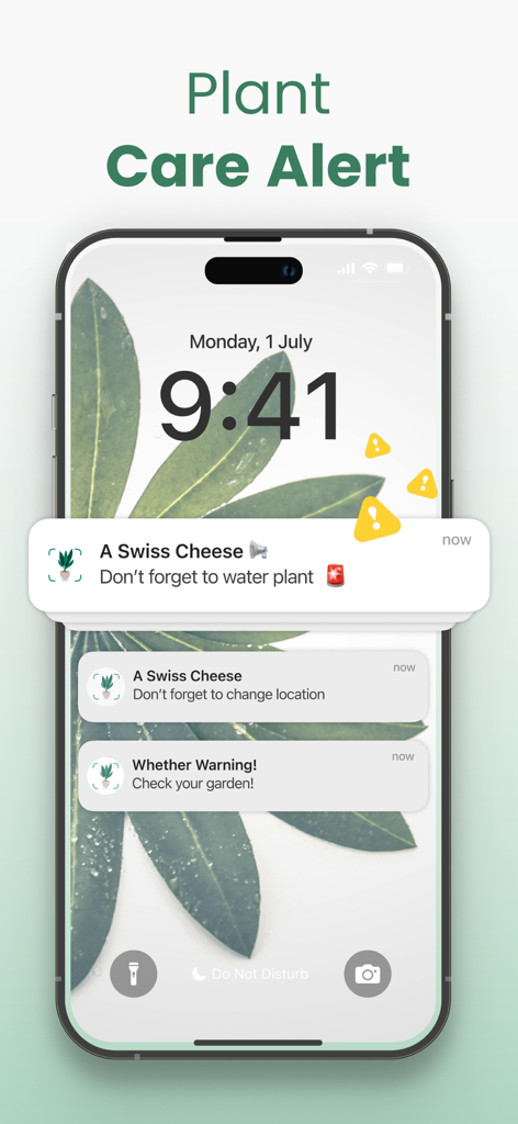 Plantify: AI Plant Identifier - Pantalla de bloqueo del iPhone mostrando notificaciones de cuidado de plantas para riego y cambios de ubicación de la aplicación Plantify
