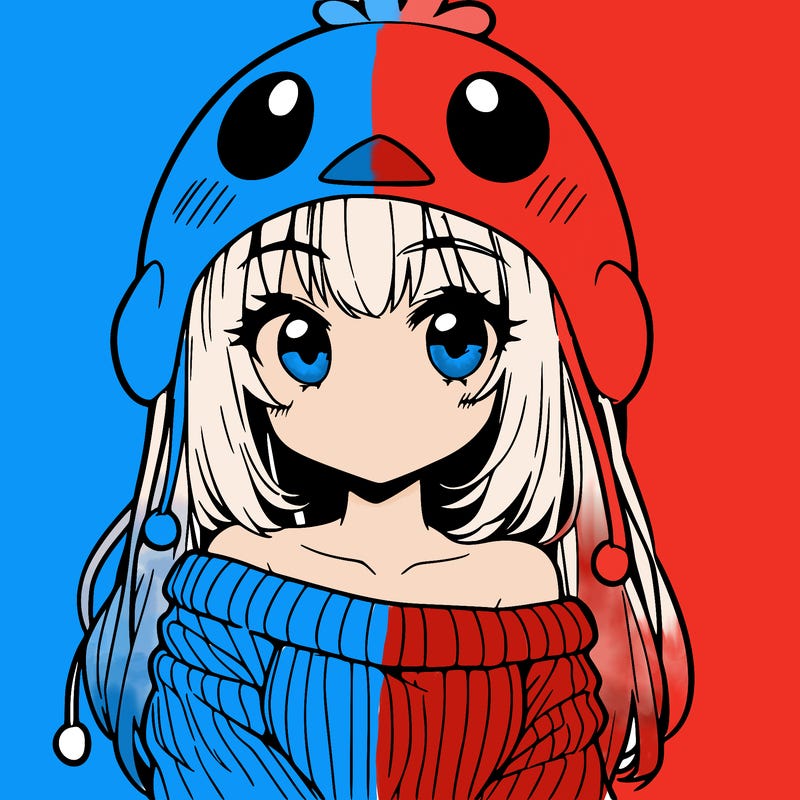 anime girl with chick shaped hat with sweater with bare shoulders with bangs covering them one eye with low tail