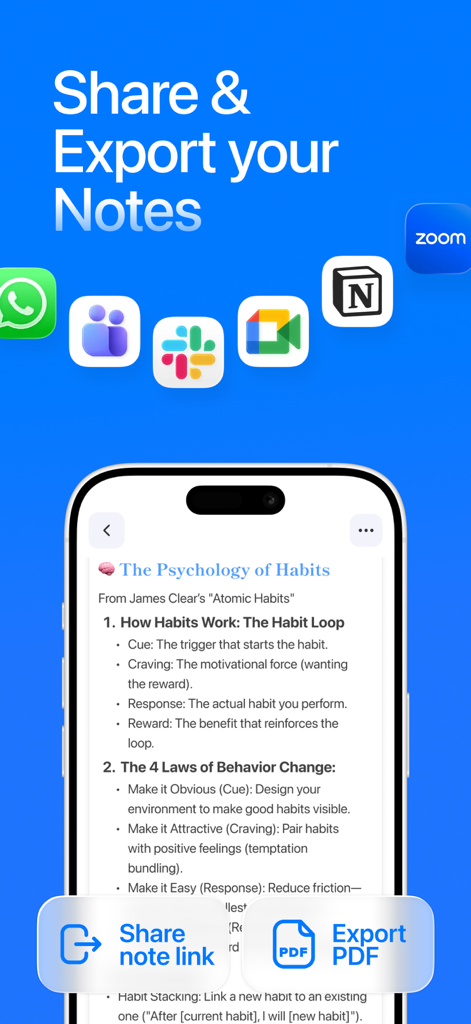 Mino: Note Taker & Voice Notes - Oberfläche der Mino App, die Optionen zum Teilen und Exportieren nach PDF mit Integrationssymbolen für Zoom Slack und Notion zeigt