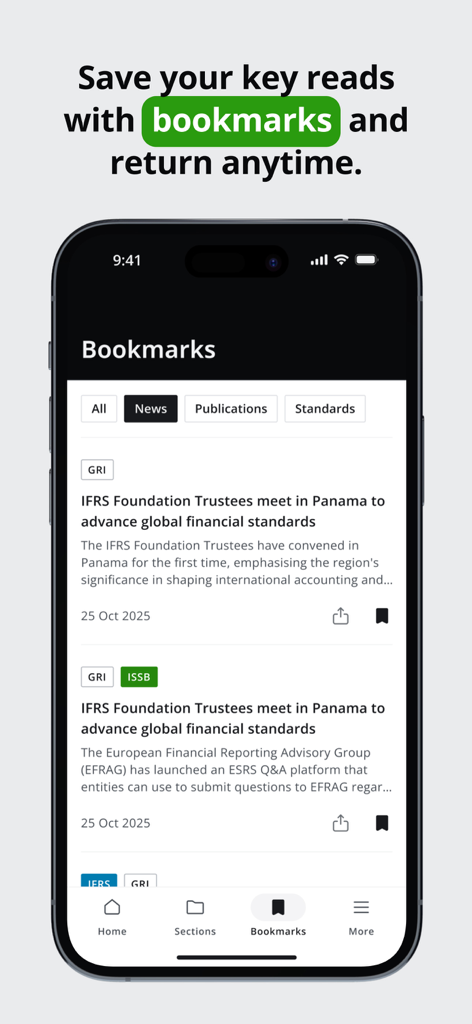 Un smartphone que muestra la función de marcadores de la aplicación IAS Plus de Deloitte, mostrando noticias guardadas sobre reportes financieros.