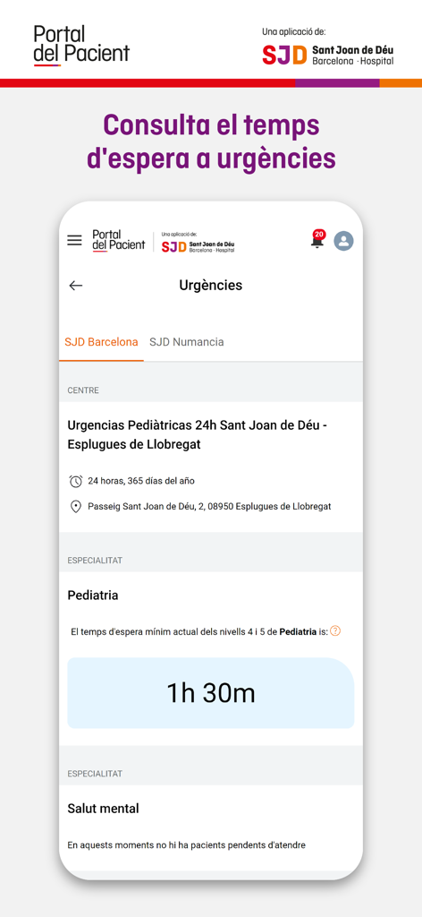 Portal Pacient SJD - SJD patient portal app showing real-time emergency room wait times for pediatric care.