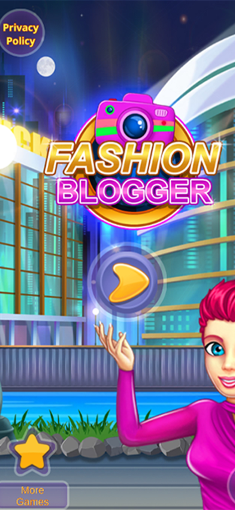 Selfie Girl Fashion Vlog Games - Title screen of Selfie Girl Fashion Vlog Games showing Fashion Blogger text and a play button