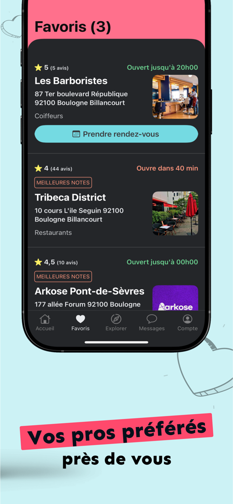PagesJaunes - Recherche locale - PagesJaunes app screen showing a list of favorite local businesses and professionals with ratings and booking options.
