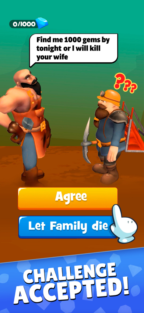 Mine & Slash: Arcade RPG Games - Mine and Slash arcade RPG screenshot showing a character choice between finding gems or facing a threat