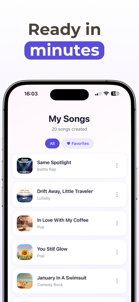 User library of AI-generated songs in the AI Singer Voice Clone app
