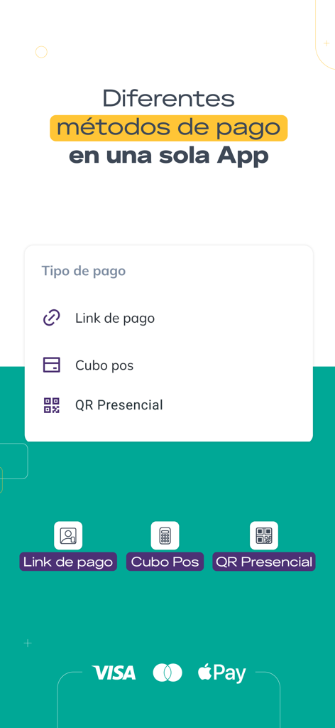 Cubo Pago - Cubo Pago app interface showing payment methods including payment links, mobile POS, and QR codes