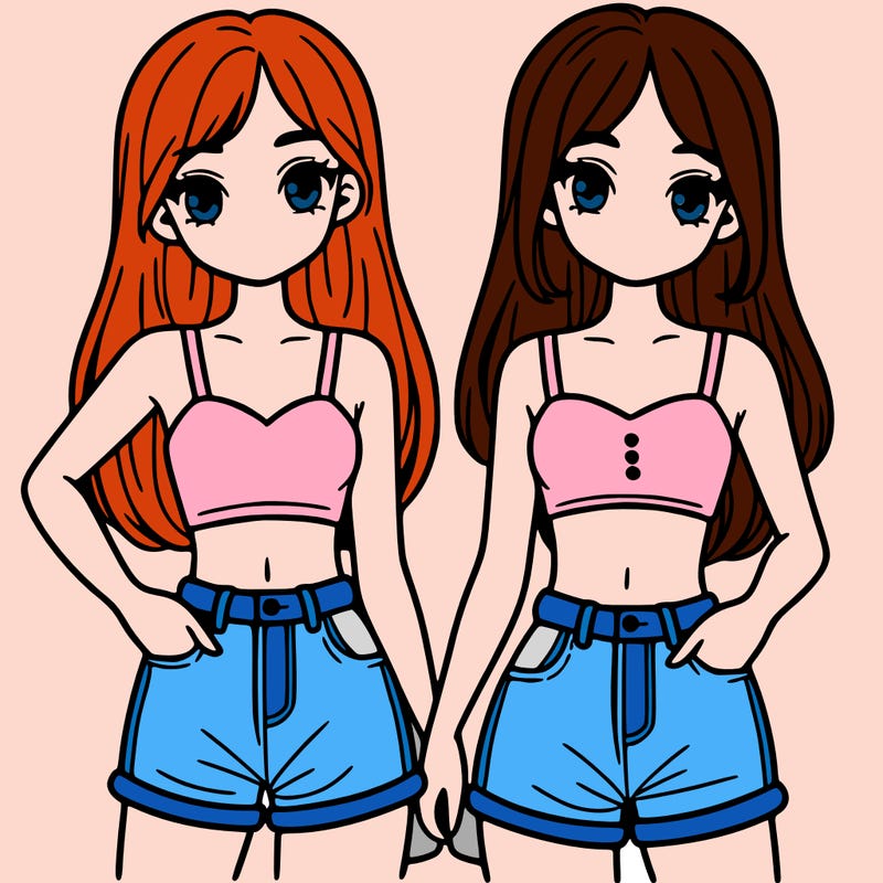 two sisters with crop tops and jean shorts and straight hair