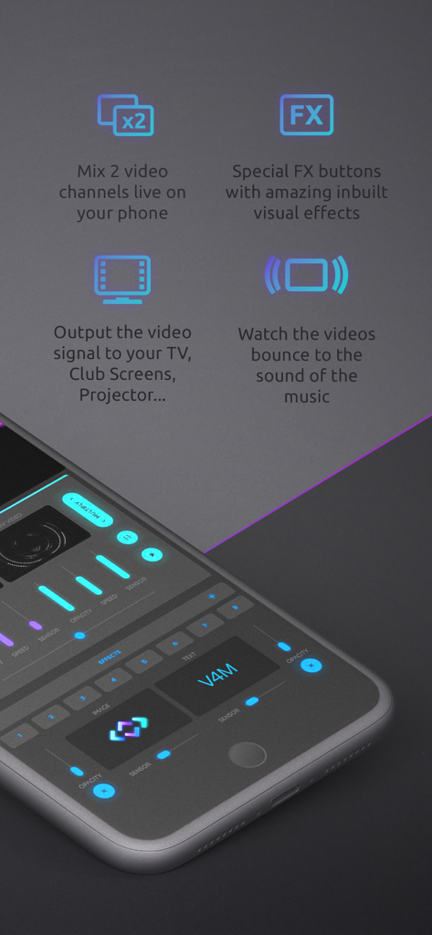 V4M — Visuals for Music - Smartphone mostrando la interfaz de la app V4M con controles de mezcla de video en vivo y efectos reactivos al sonido