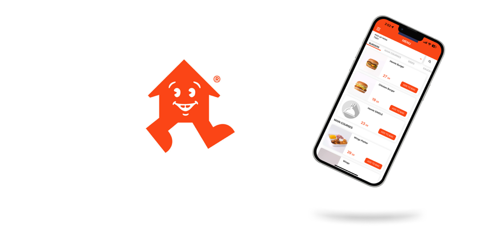 Take Me Home | TMH - Interfaccia del menu mobile dell'app di cibo confortante Take Me Home che mostra selezioni di hamburger e alette.