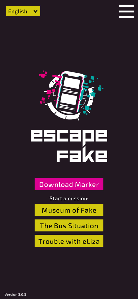 Main menu of the Escape Fake app showing mission options and download marker button