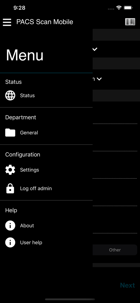 Main menu screen of the PACS Scan Mobile medical application showing navigation options like status, department, and settings.