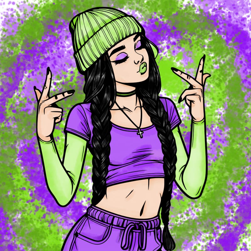 realistic teenage girl with braids and a beanie and crop top doing 🫶🏼
