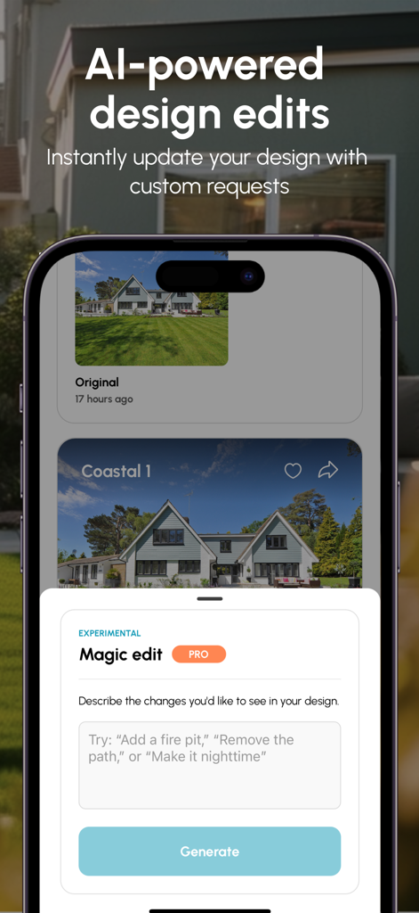 Neighborbrite App-Oberfläche, die das KI-gestützte Magic Edit-Tool für benutzerdefinierte Landschaftsdesignanfragen auf einem Smartphone zeigt