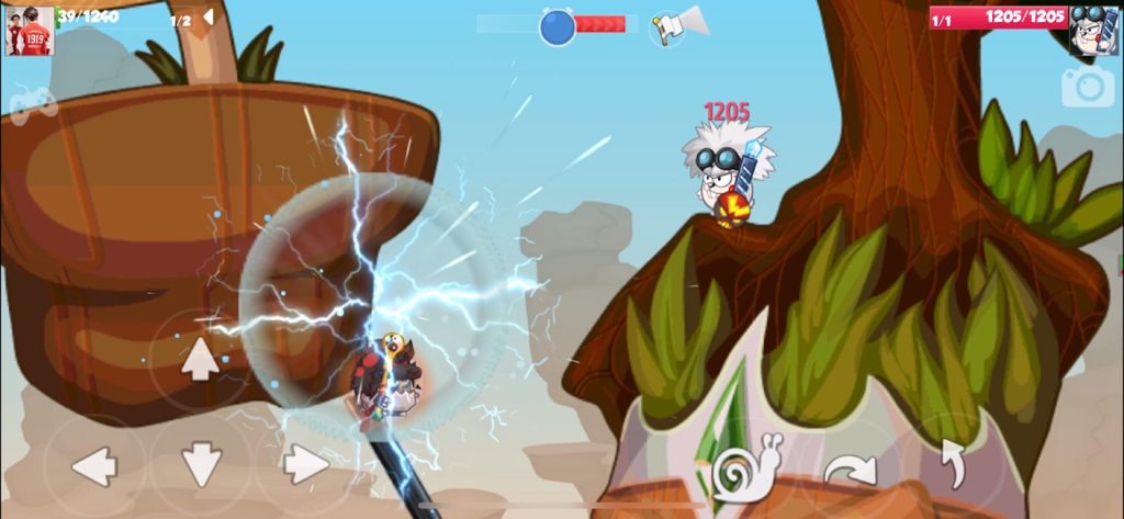 Gameplay screenshot of a Wormix tactical battle featuring an electric weapon effect and cartoon characters in a turn based duel