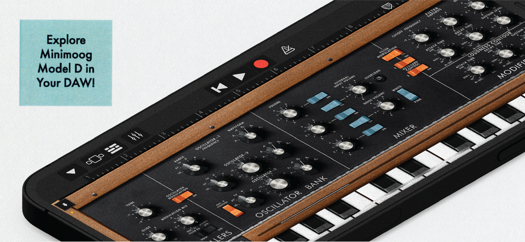 Minimoog Model D Synthesizer - Minimoog Model D synthesizer app interface with vintage analog controls