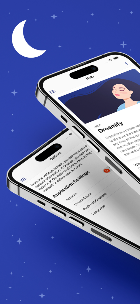 Dreamify - Dream Interpreter - Capturas de tela do aplicativo Dreamify exibindo configurações do usuário e recursos de interpretação de sonhos em telefones celulares.
