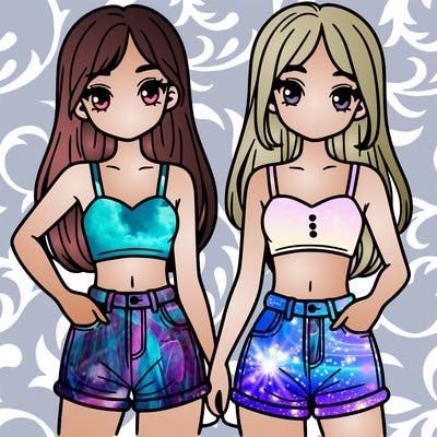 two sisters with crop tops and jean shorts and straight hair