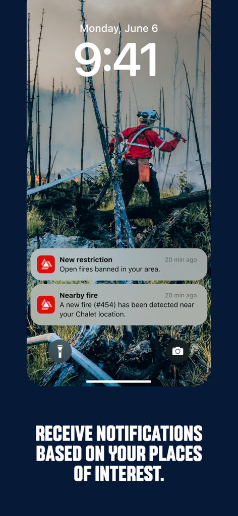 Mobile lock screen showing real-time notifications for nearby fires and fire restrictions from the La SOPFEU app