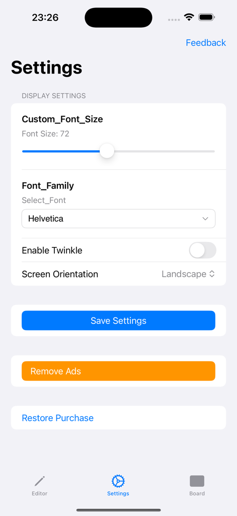Pantalla de configuración de la aplicación Color Board mostrando el tamaño de fuente, la familia de fuentes y las opciones del modo 'twinkle'