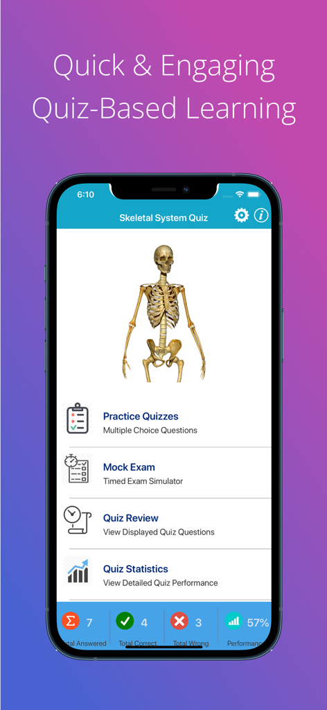 Skeletal System Quizzes - Skeletal System Quizzes app main menu showing options for practice quizzes mock exams and quiz statistics with a skeleton graphic