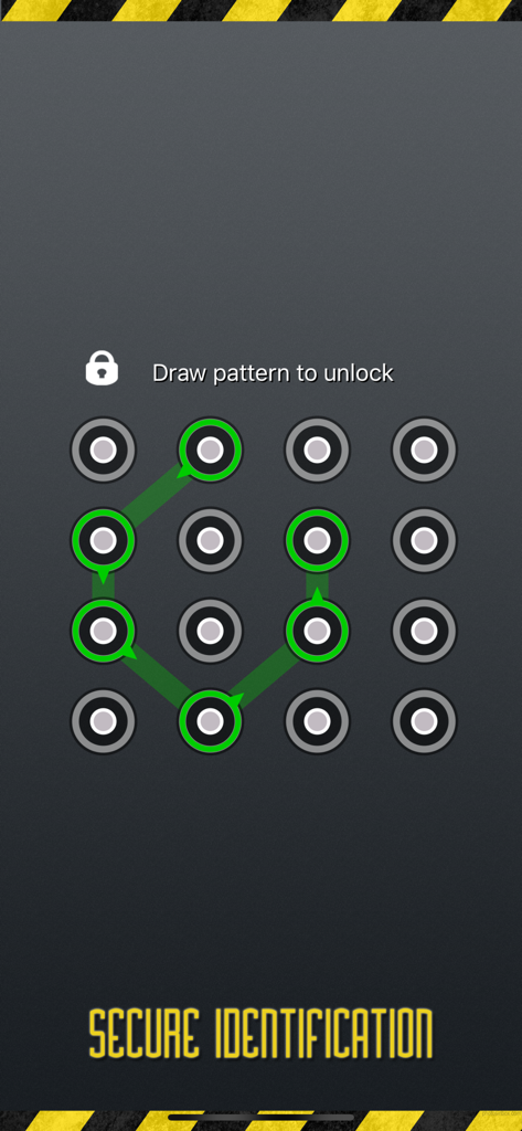 Photo and Video Safe - Secure pattern lock screen showing a green unlocking pattern on a sixteen dot grid