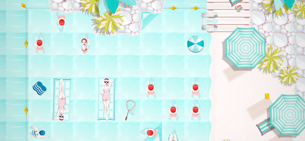 Top-down view of a minimalist swimming pool puzzle level with swimmers on rafts and beach umbrellas