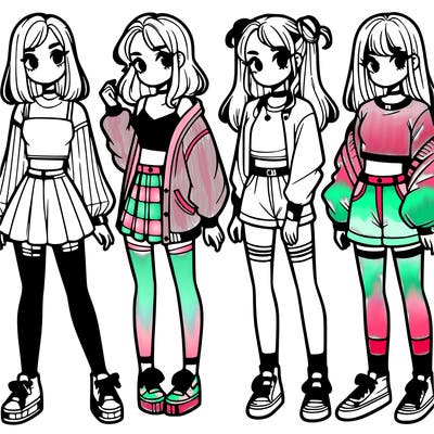 one girl with crop-top shirt and a jacket with a skirt, long socks and another girl with a shirt and pants with a jacket