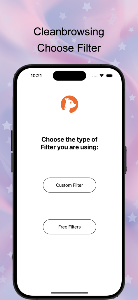 CleanBrowsing app interface showing options to choose between Custom Filter and Free Filters on an iPhone.