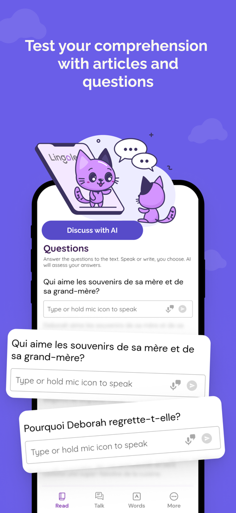 Lingolette mobile app screen showing French reading comprehension questions and AI interaction buttons