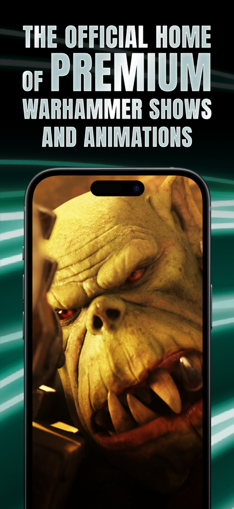 Smartphone displaying an Ork character promoting Warhammer TV premium shows and animations
