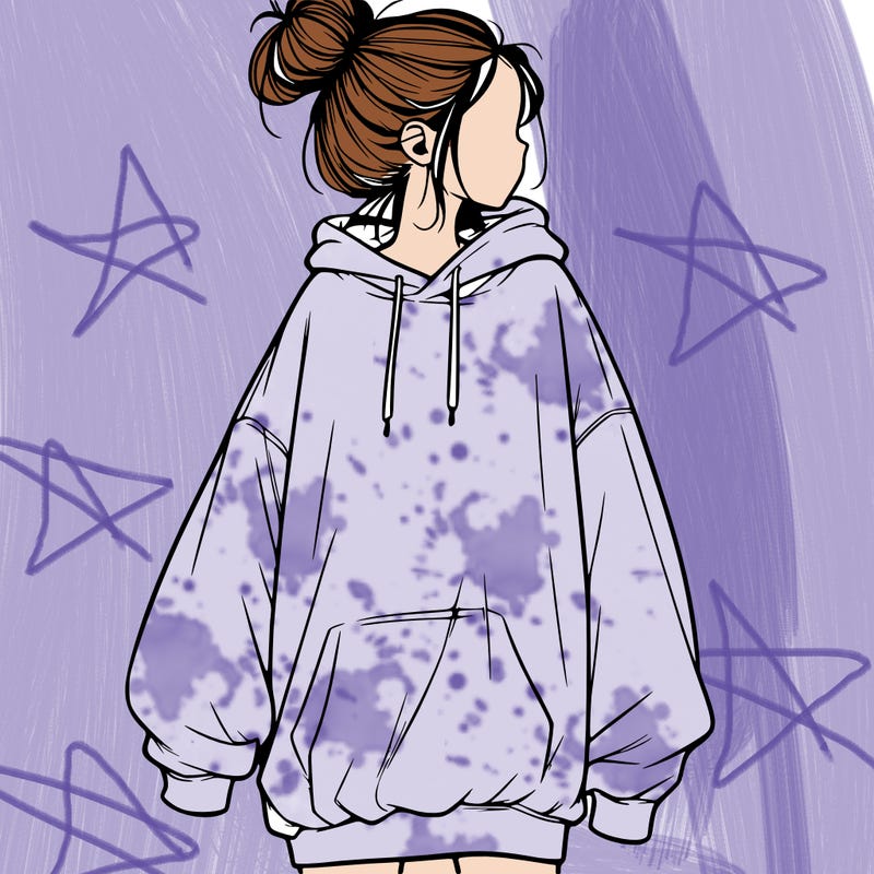 realistic girl with a oversized sweatshirt on and a bun