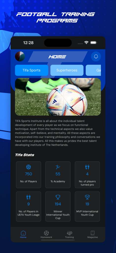 TIFA FOOTBALL STARS - TIFA Football Stars mobile app home screen showing training program statistics and academy achievements