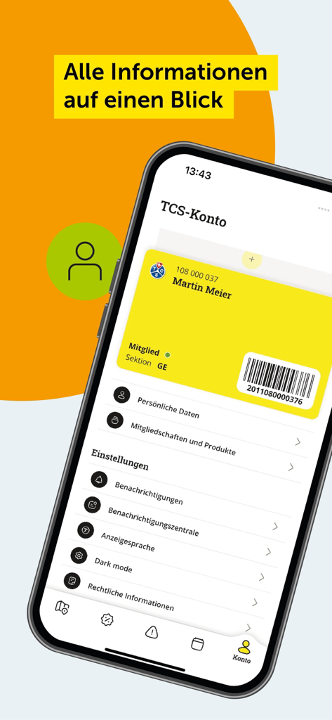 Pantalla de cuenta de usuario de la aplicación TCS que muestra una tarjeta de membresía digital con código de barras y varias configuraciones de perfil