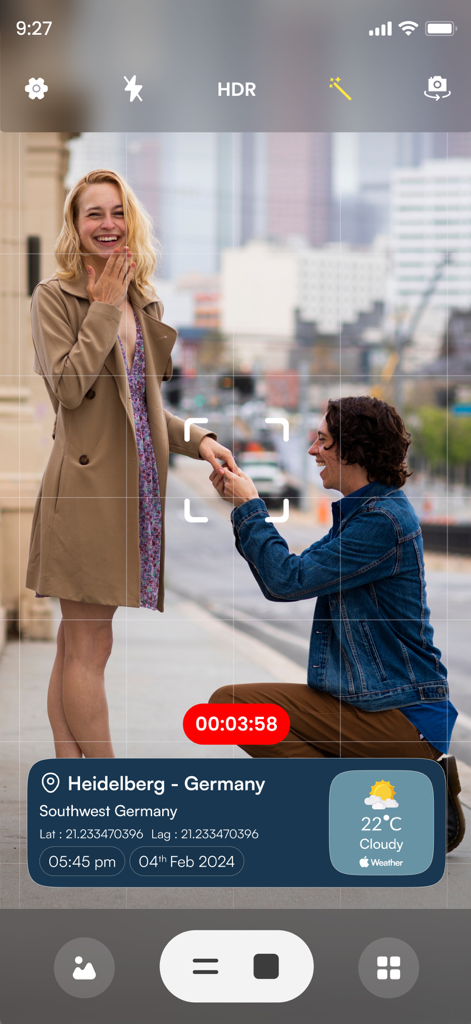 Timestamp Camera: GPS Stamp - A camera app interface showing a GPS and timestamp overlay on a video recording.