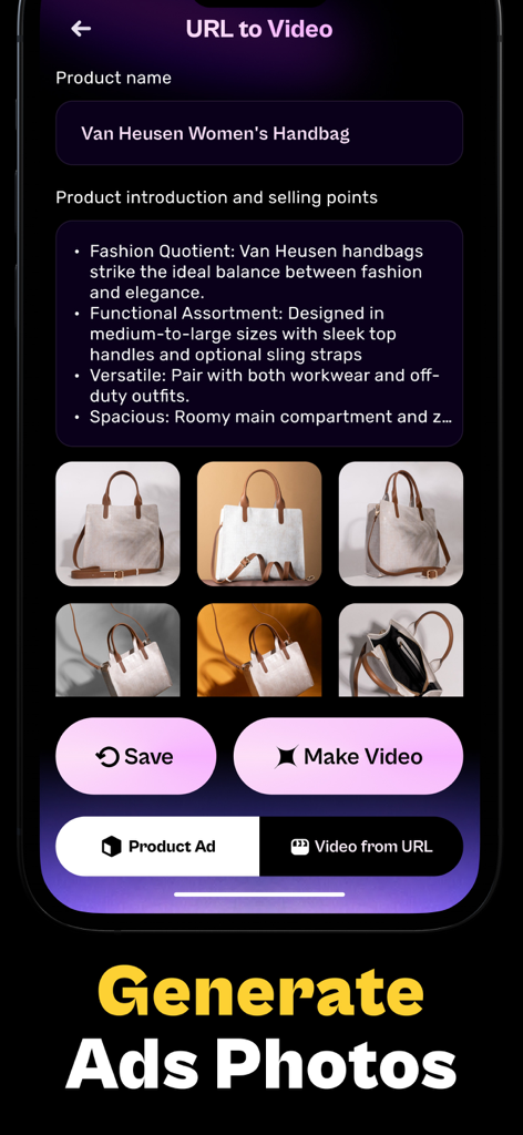 AI UGC Video Ads - Product Ads - Interface d'application mobile démontrant comment générer des photos de publicité produit à partir d'une URL à l'aide de l'IA