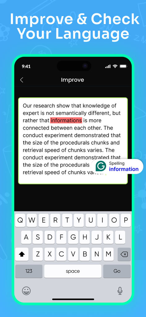 Math Solver:AI Homework Helper - Aplicativo de ajudante de dever de casa com IA mostrando um recurso de correção gramatical e ortográfica para redações de estudantes