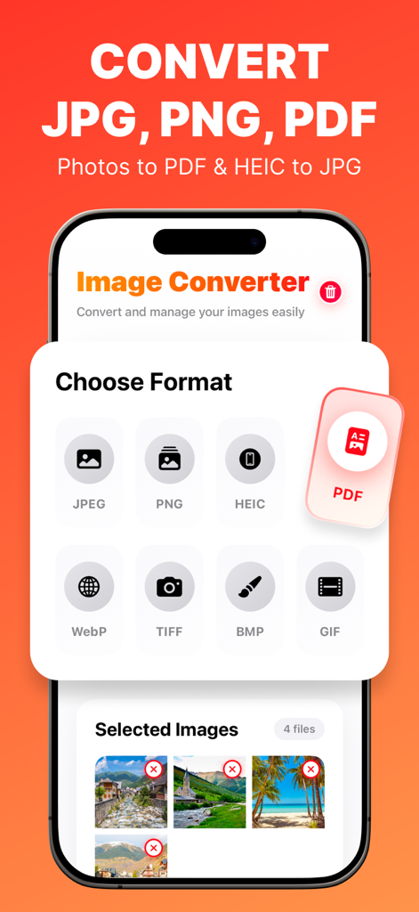 Image Converter: JPEG PDF PNG - iPhone-Oberfläche der Bildkonverter-App, die Konvertierungsoptionen für JPEG PNG HEIC und PDF anzeigt