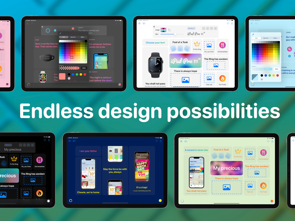 Bento|Craft Creative Workspace - Multiple iPads showing a variety of bento grid layouts and design options within the Bento Craft app