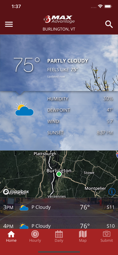 WCAX WEATHER - - WCAX Weather app home screen showing current temperature and local map for Burlington Vermont
