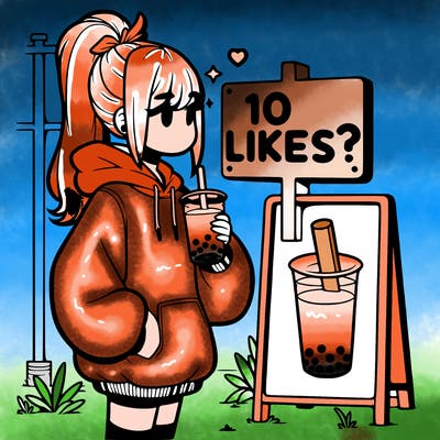 girl with oversized hoodie drinking boba and she has a high ponytail with a sign that says 10likes?